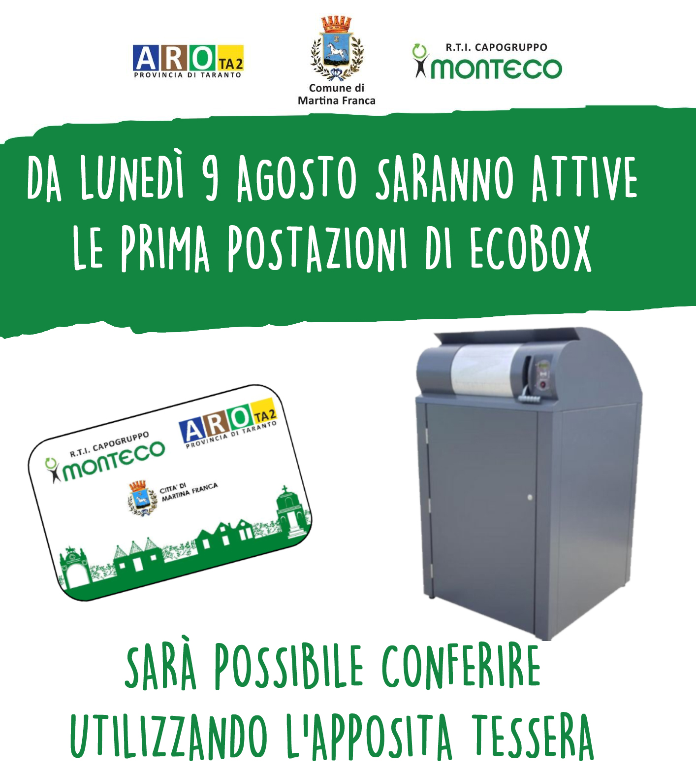 AGRO di MARTINA FRANCA. ATTIVAZIONE DEI PRIMI PUNTI DI CONFERIMENTO PRESSO I NUOVI ECOBOX INFORMATIZZATI