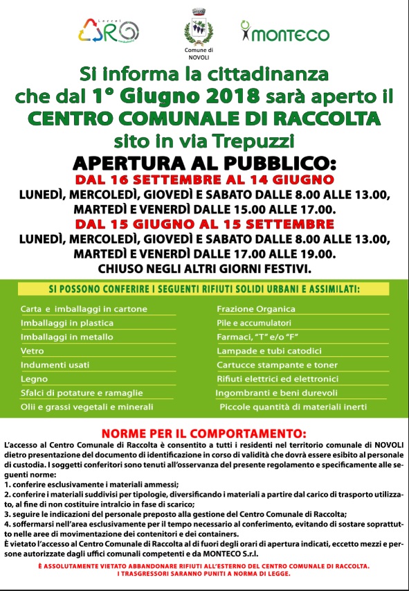 Novoli: dal 1° giugno apertura Centro Comunale di Raccolta