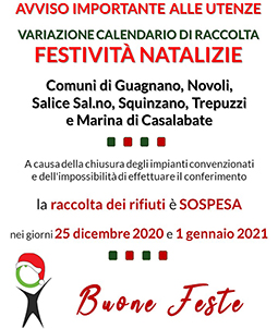 ARO LE 1: Comuni di Guagnano, Novoli, Salice Salentino, Squinzano, Trepuzzi e Marina di Casalabate. Variazione calendario di Raccolta per festività natalizie